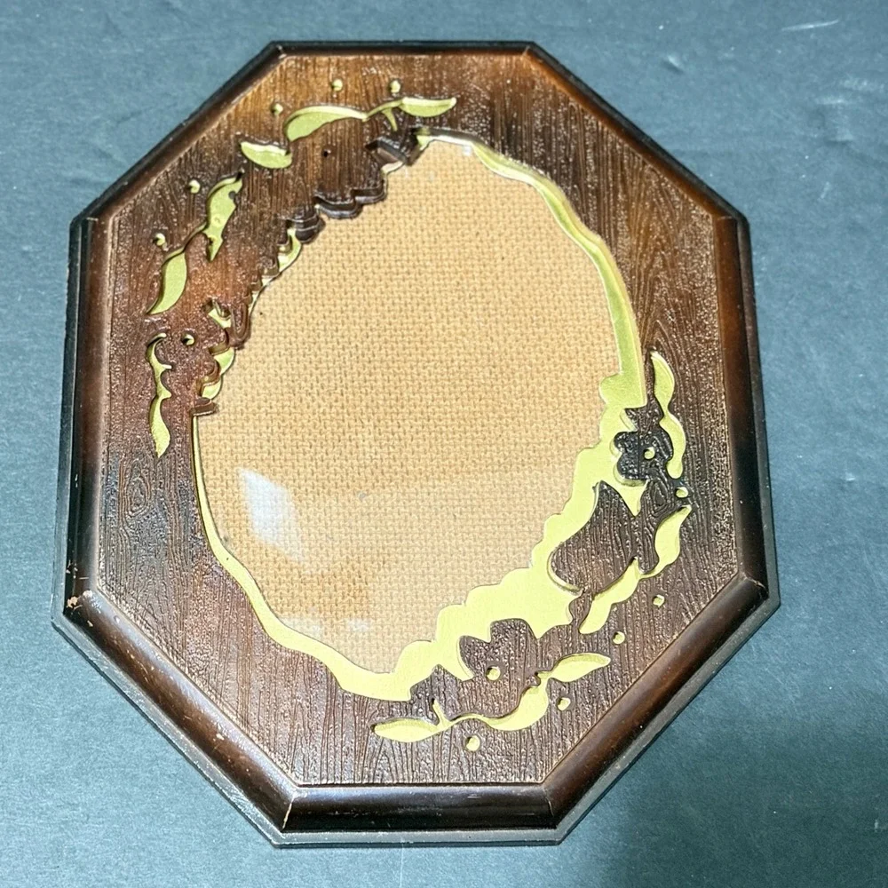 Vintage Octagonal Faux Wood Picture Frame Gold Floral Filigree 8x6.5